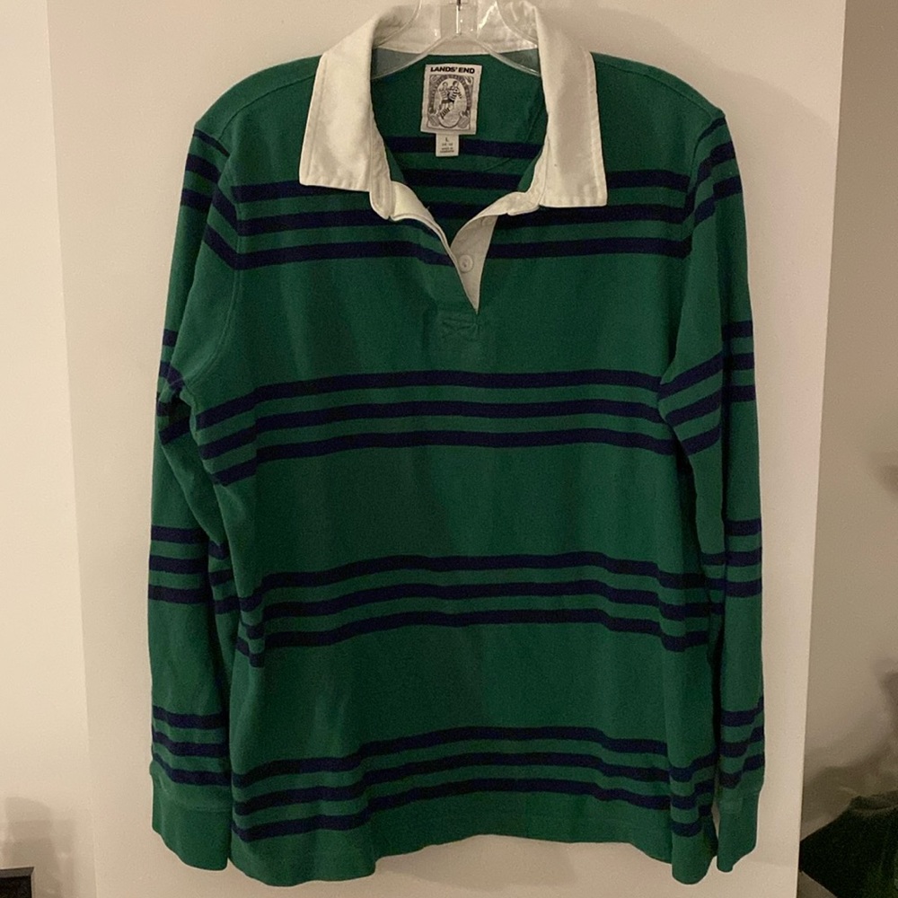 LANDS END rugby boy shirt green blue stripe white collar L 14-16